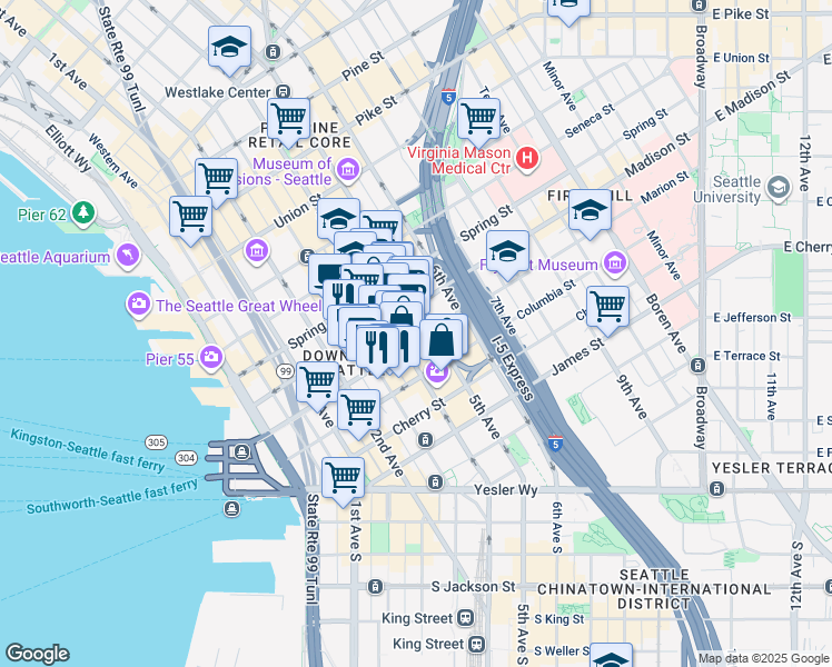 map of restaurants, bars, coffee shops, grocery stores, and more near 901 5th Avenue in Seattle