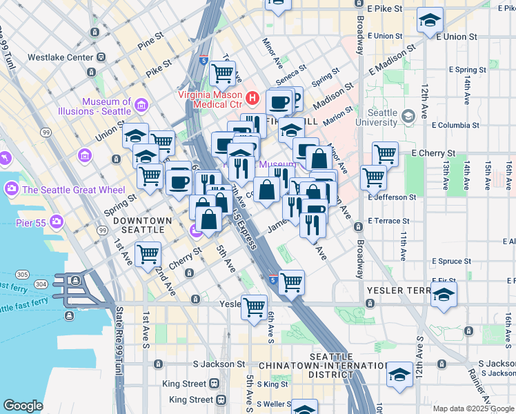 map of restaurants, bars, coffee shops, grocery stores, and more near in Seattle