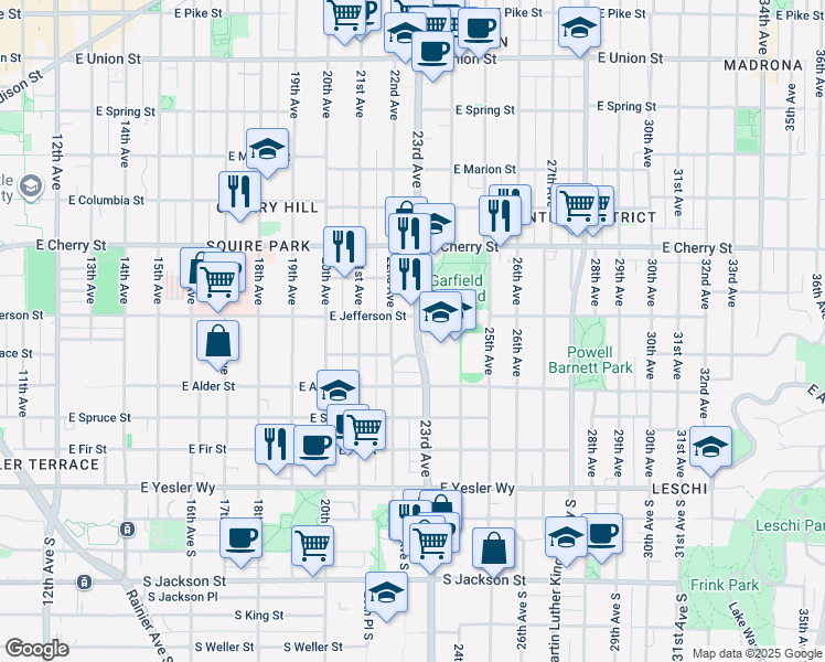 map of restaurants, bars, coffee shops, grocery stores, and more near in Seattle