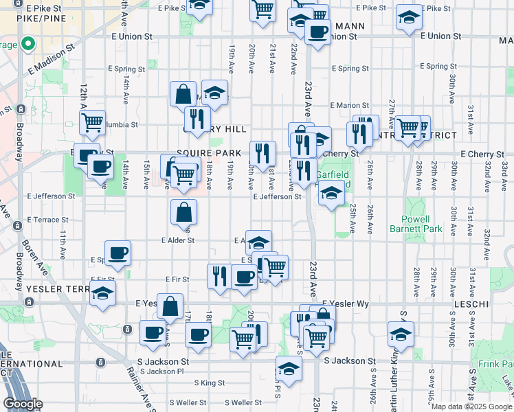 map of restaurants, bars, coffee shops, grocery stores, and more near 411 21st Avenue in Seattle