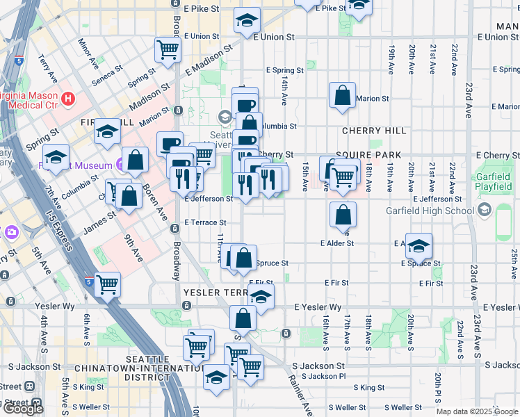 map of restaurants, bars, coffee shops, grocery stores, and more near in Seattle