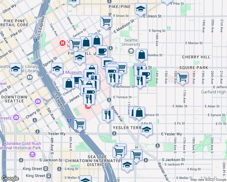 map of restaurants, bars, coffee shops, grocery stores, and more near 400 Broadway in Seattle
