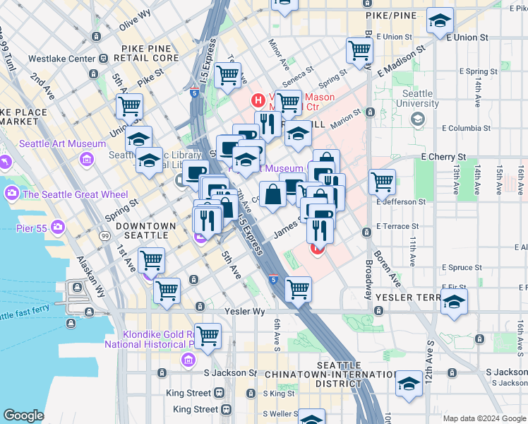map of restaurants, bars, coffee shops, grocery stores, and more near in Seattle