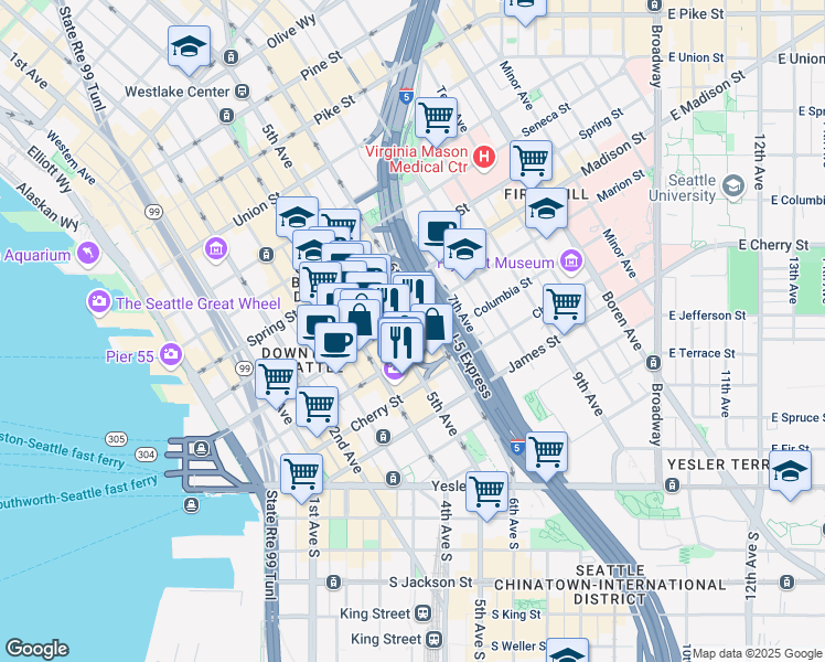 map of restaurants, bars, coffee shops, grocery stores, and more near in Seattle