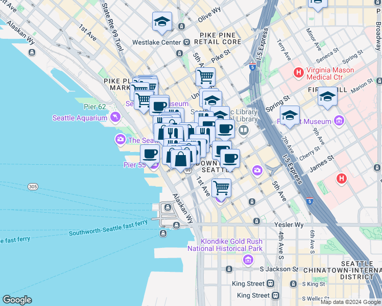 map of restaurants, bars, coffee shops, grocery stores, and more near 1101 2nd Avenue in Seattle