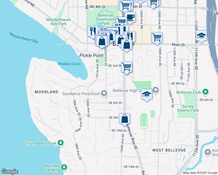 map of restaurants, bars, coffee shops, grocery stores, and more near 424 102nd Avenue Southeast in Bellevue