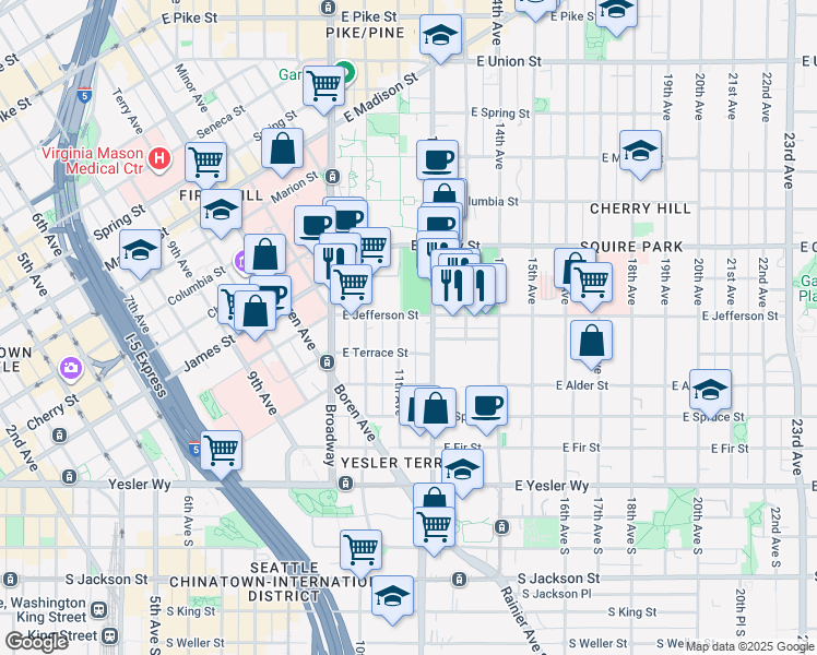 map of restaurants, bars, coffee shops, grocery stores, and more near 412 11th Avenue in Seattle