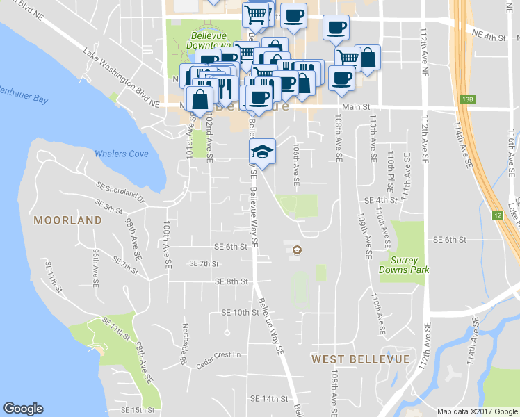 map of restaurants, bars, coffee shops, grocery stores, and more near 430 Bellevue Way Southeast in Bellevue