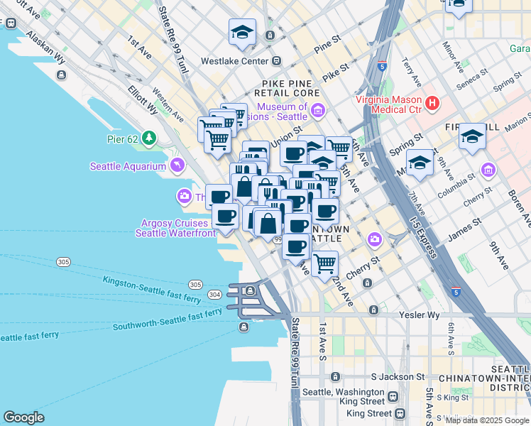 map of restaurants, bars, coffee shops, grocery stores, and more near 1119 1st Avenue in Seattle