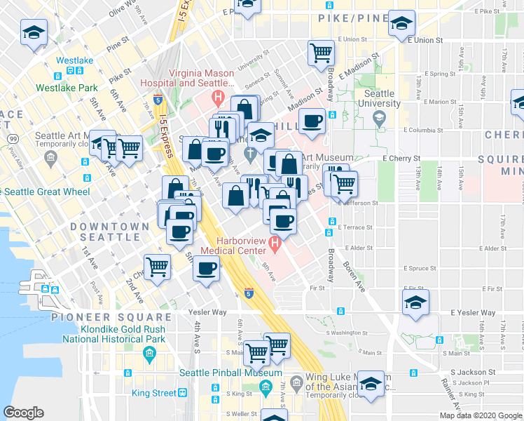 map of restaurants, bars, coffee shops, grocery stores, and more near 603 9th Avenue in Seattle