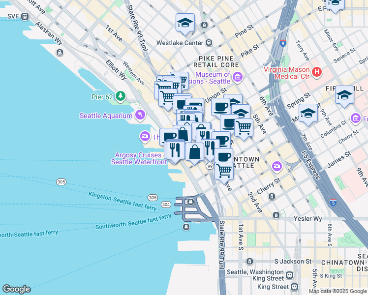 map of restaurants, bars, coffee shops, grocery stores, and more near 1201 Western Avenue in Seattle