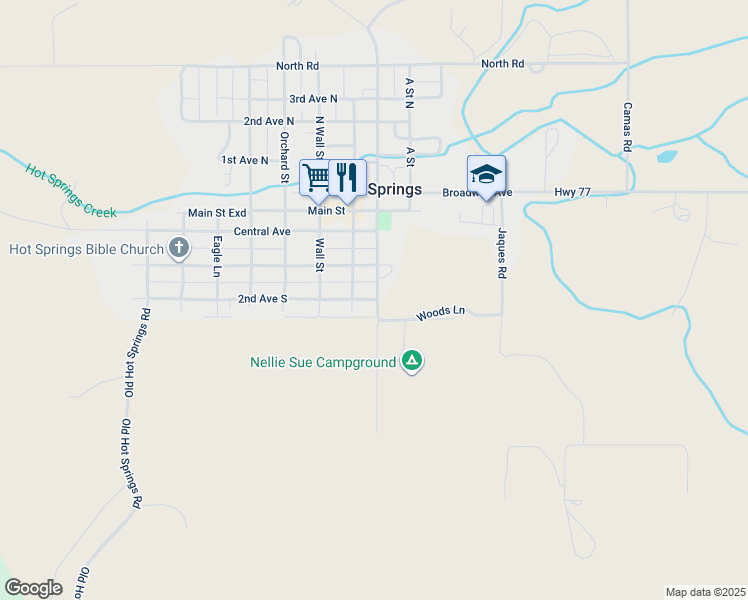 map of restaurants, bars, coffee shops, grocery stores, and more near 401-499 Spring St in Hot Springs