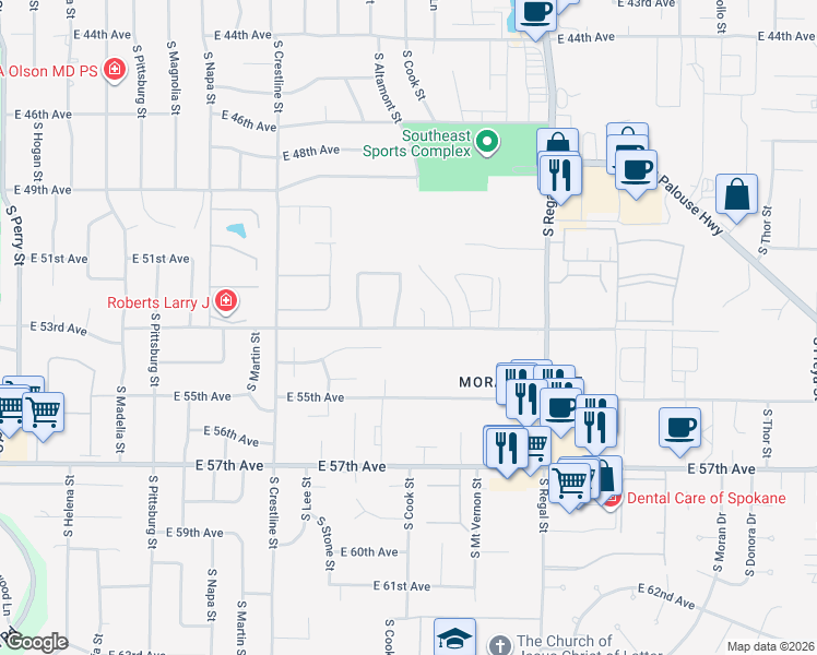 map of restaurants, bars, coffee shops, grocery stores, and more near 2504 East 53rd Avenue in Spokane