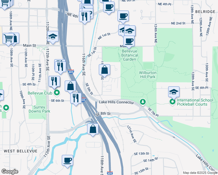 map of restaurants, bars, coffee shops, grocery stores, and more near 11801 Southeast 4th Place in Bellevue