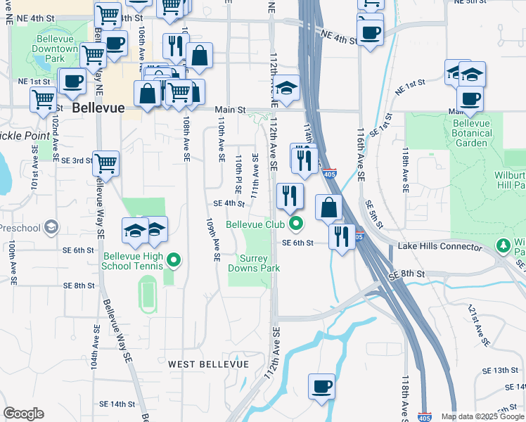 map of restaurants, bars, coffee shops, grocery stores, and more near 11116 Southeast 4th Street in Bellevue