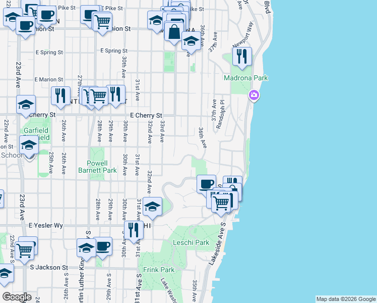 map of restaurants, bars, coffee shops, grocery stores, and more near 3328 East Terrace Street in Seattle