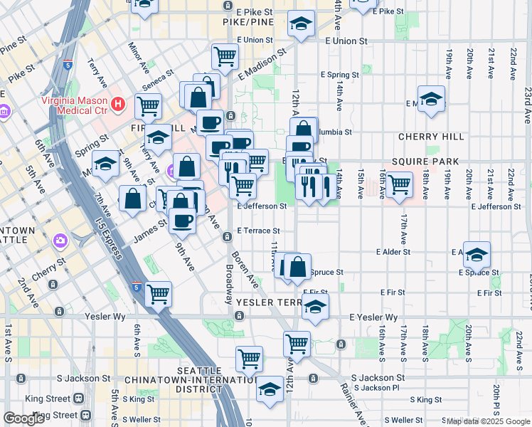 map of restaurants, bars, coffee shops, grocery stores, and more near 400 10th Avenue in Seattle
