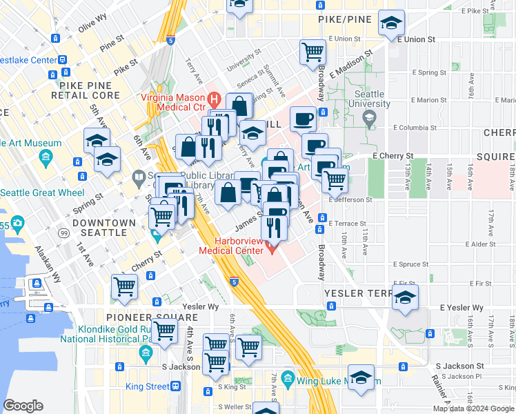 map of restaurants, bars, coffee shops, grocery stores, and more near 601 9th Avenue in Seattle