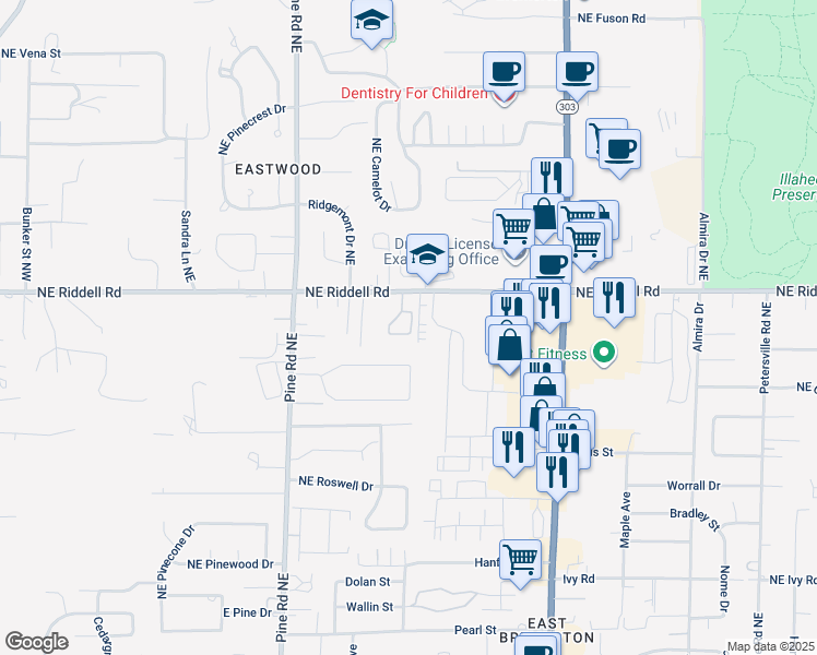 map of restaurants, bars, coffee shops, grocery stores, and more near 4786 Parkhurst Drive Northeast in Bremerton