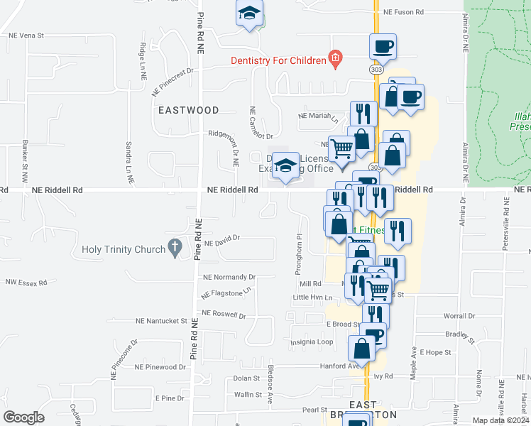 map of restaurants, bars, coffee shops, grocery stores, and more near 4765 Parkhurst Drive Northeast in Bremerton