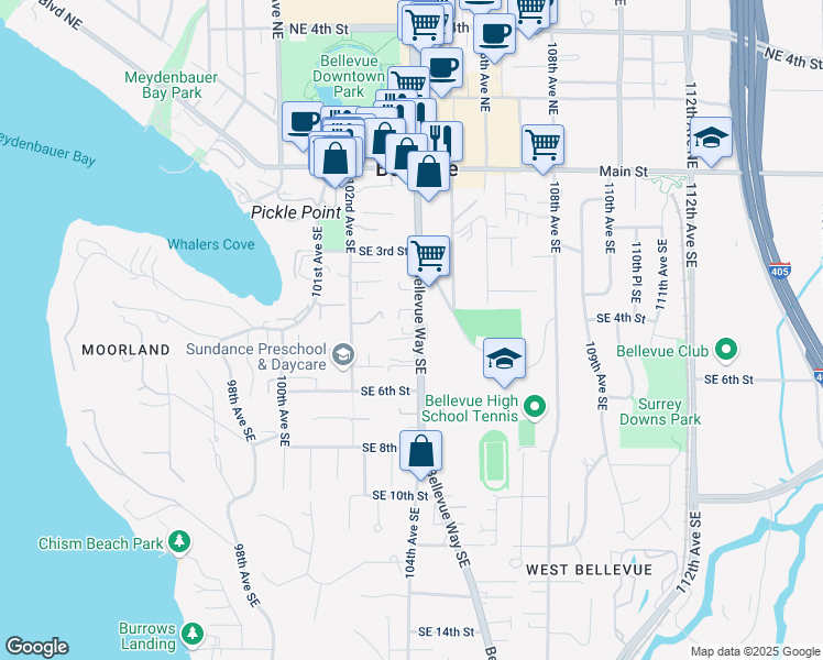 map of restaurants, bars, coffee shops, grocery stores, and more near 433 Bellevue Way Southeast in Bellevue
