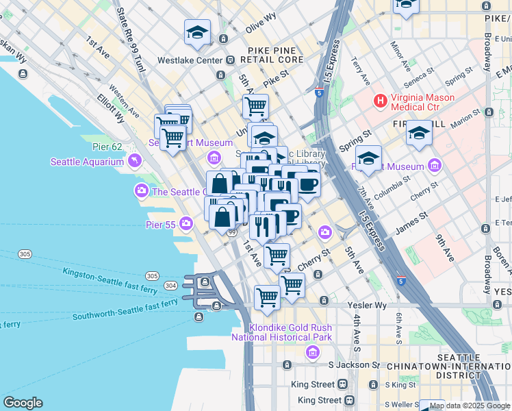 map of restaurants, bars, coffee shops, grocery stores, and more near 205 Spring Street in Seattle