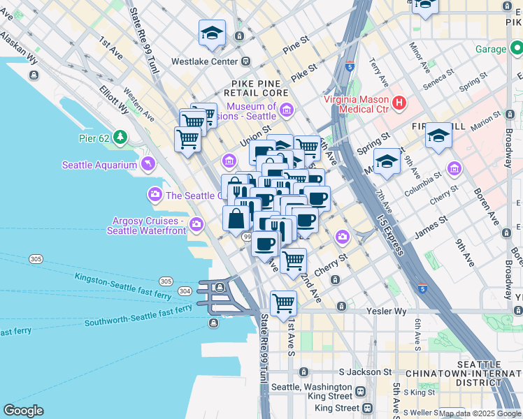 map of restaurants, bars, coffee shops, grocery stores, and more near in Seattle