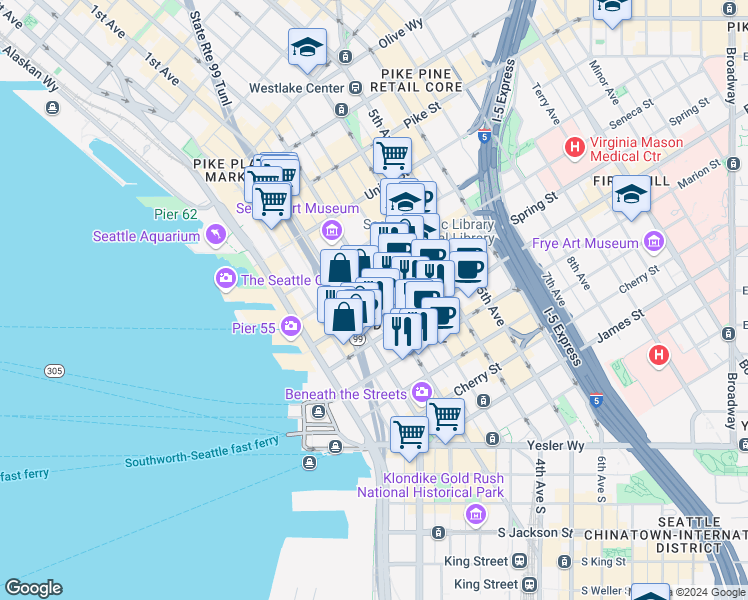 map of restaurants, bars, coffee shops, grocery stores, and more near 1101 2nd Avenue in Seattle
