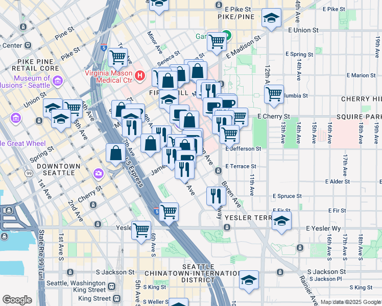 map of restaurants, bars, coffee shops, grocery stores, and more near 520 Terry Avenue in Seattle