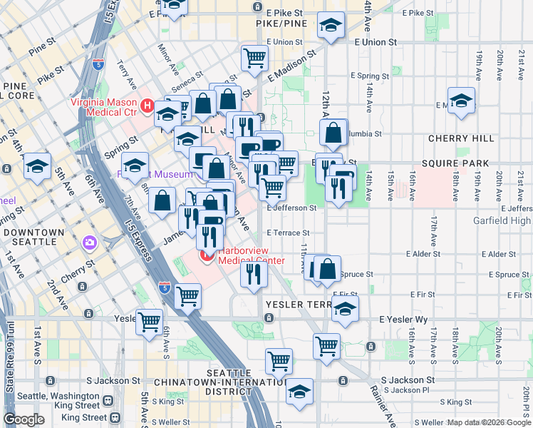 map of restaurants, bars, coffee shops, grocery stores, and more near 412 Broadway in Seattle