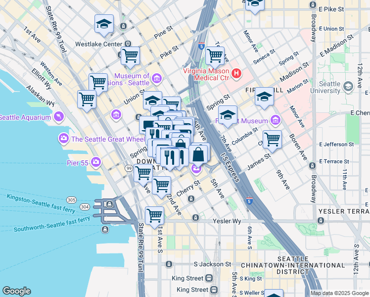 map of restaurants, bars, coffee shops, grocery stores, and more near 909 5th Avenue in Seattle