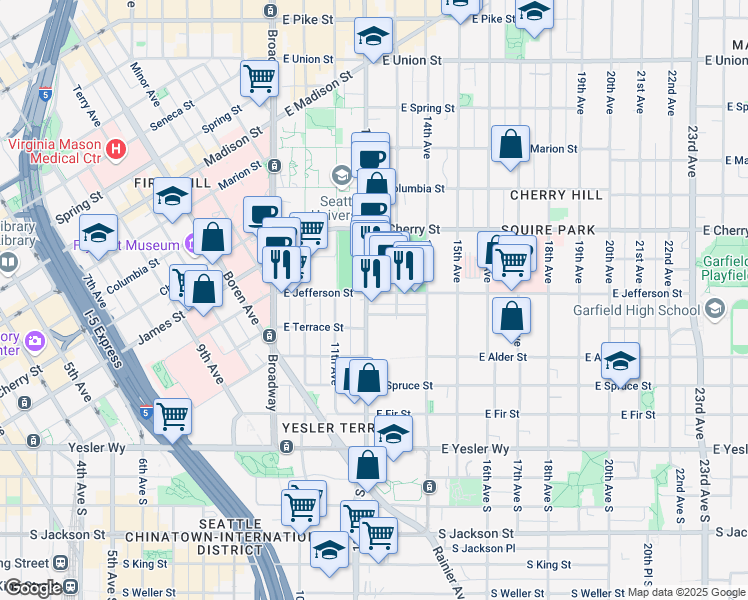 map of restaurants, bars, coffee shops, grocery stores, and more near in Seattle