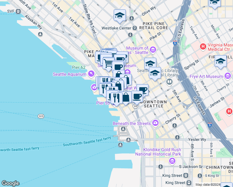 map of restaurants, bars, coffee shops, grocery stores, and more near 1101 Alaskan Way in Seattle
