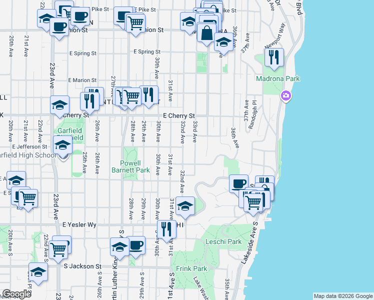 map of restaurants, bars, coffee shops, grocery stores, and more near 502 32nd Avenue in Seattle