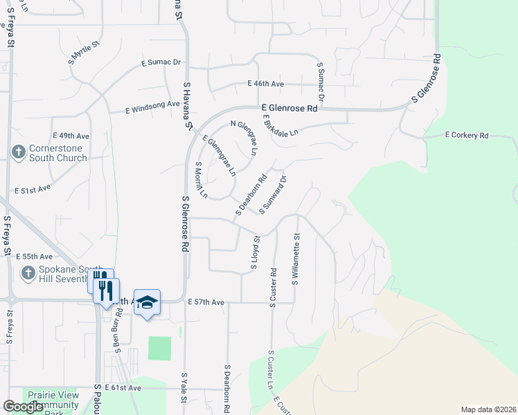 map of restaurants, bars, coffee shops, grocery stores, and more near 5227 South Sunward Drive in Spokane