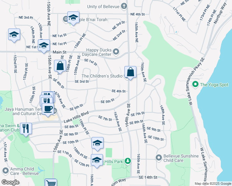 map of restaurants, bars, coffee shops, grocery stores, and more near 16151 Southeast 5th Street in Bellevue