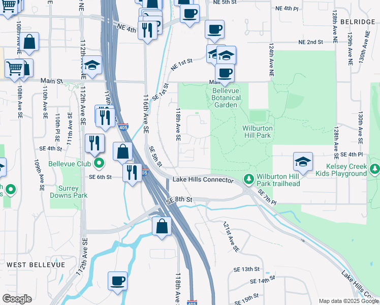 map of restaurants, bars, coffee shops, grocery stores, and more near 11801 Southeast 4th Place in Bellevue