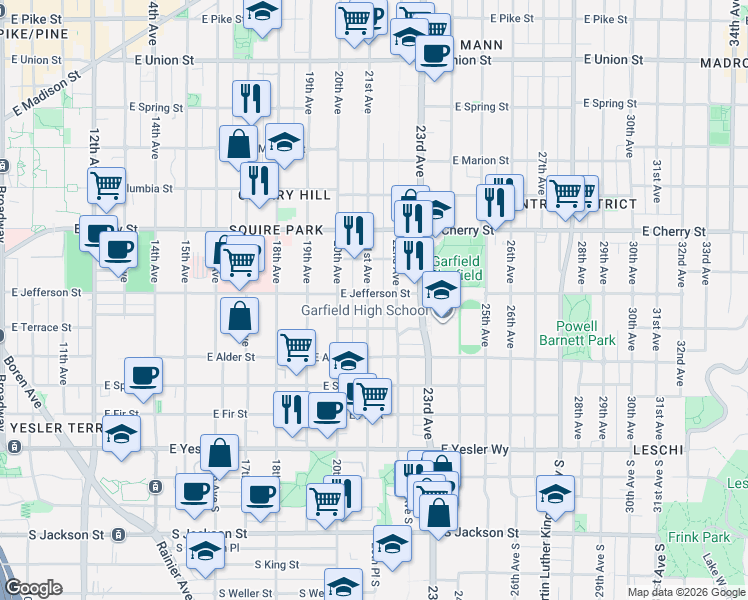 map of restaurants, bars, coffee shops, grocery stores, and more near 411 21st Avenue in Seattle