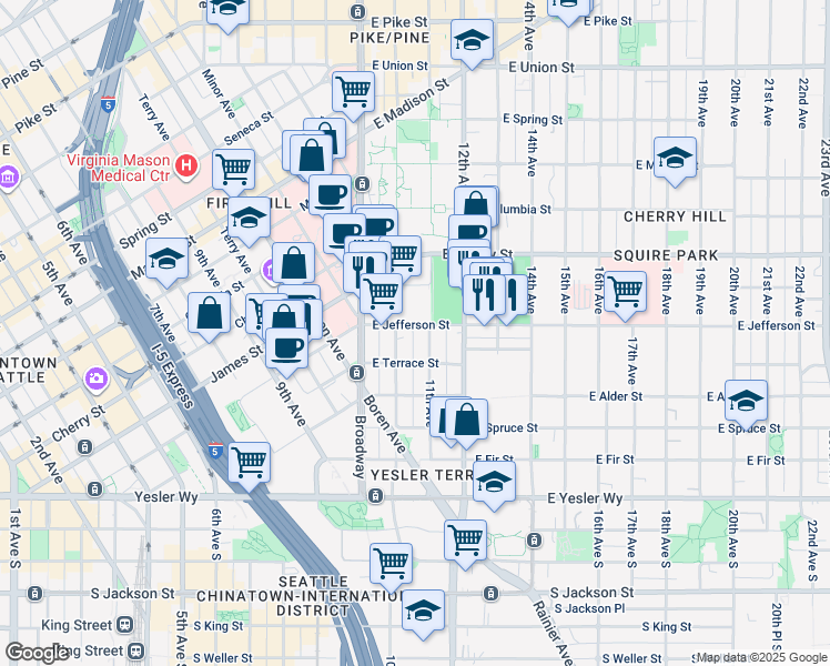 map of restaurants, bars, coffee shops, grocery stores, and more near 400 10th Avenue in Seattle