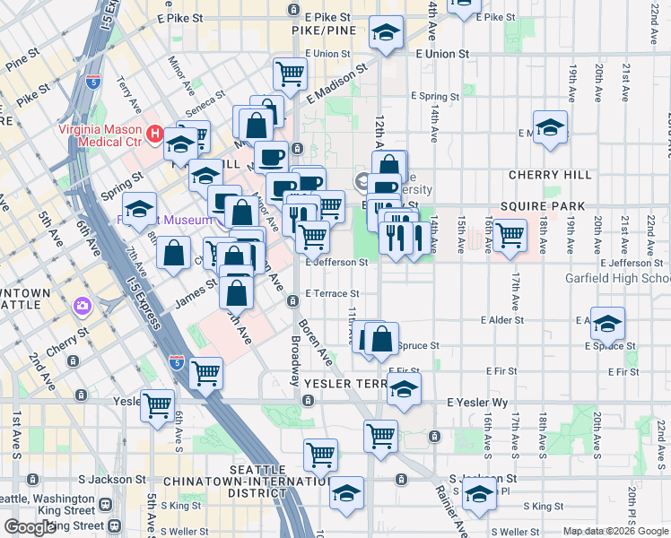 map of restaurants, bars, coffee shops, grocery stores, and more near 400 10th Avenue in Seattle
