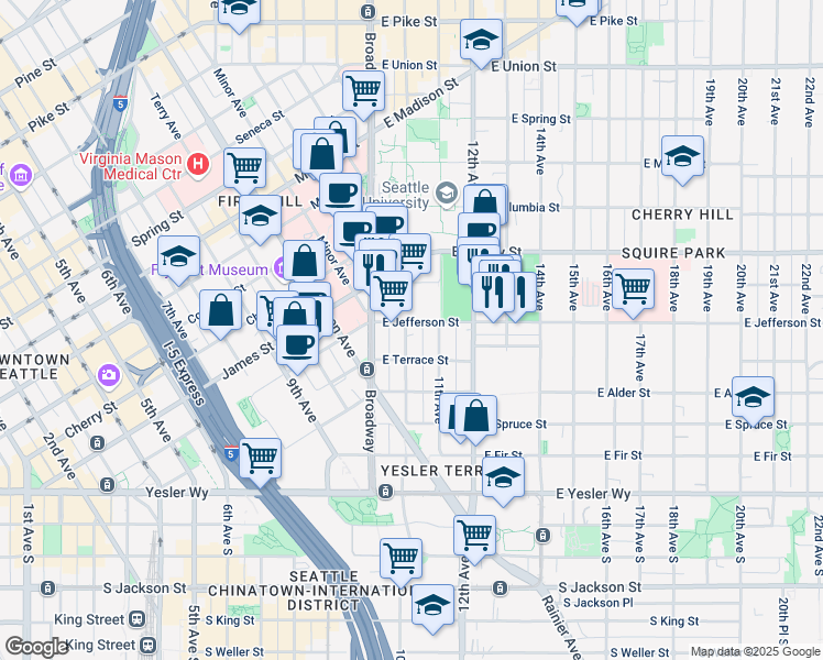 map of restaurants, bars, coffee shops, grocery stores, and more near 400 10th Avenue in Seattle