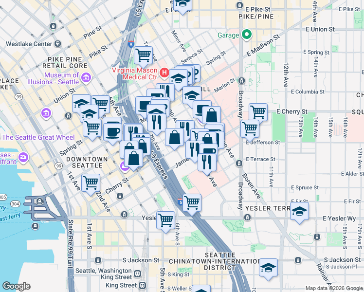 map of restaurants, bars, coffee shops, grocery stores, and more near in Seattle