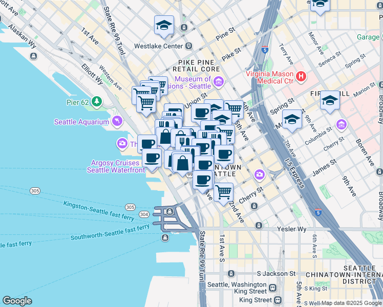map of restaurants, bars, coffee shops, grocery stores, and more near in Seattle