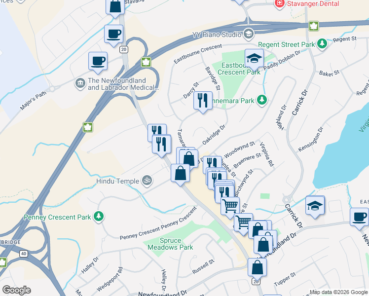 map of restaurants, bars, coffee shops, grocery stores, and more near in St. John's