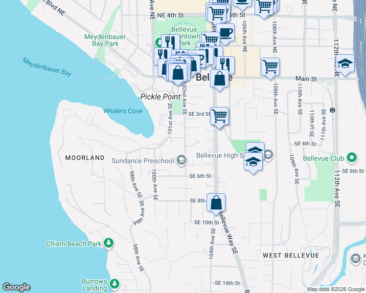 map of restaurants, bars, coffee shops, grocery stores, and more near 515 102nd Avenue Southeast in Bellevue
