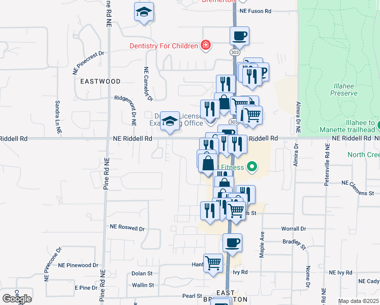 map of restaurants, bars, coffee shops, grocery stores, and more near 1107 Northeast Riddell Road in Bremerton