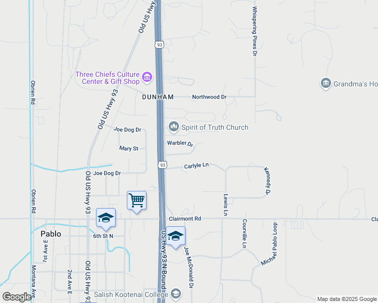 map of restaurants, bars, coffee shops, grocery stores, and more near 142 Sparrow Lane in Pablo