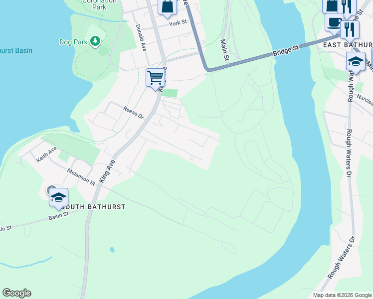 map of restaurants, bars, coffee shops, grocery stores, and more near 325 Church Street in Bathurst