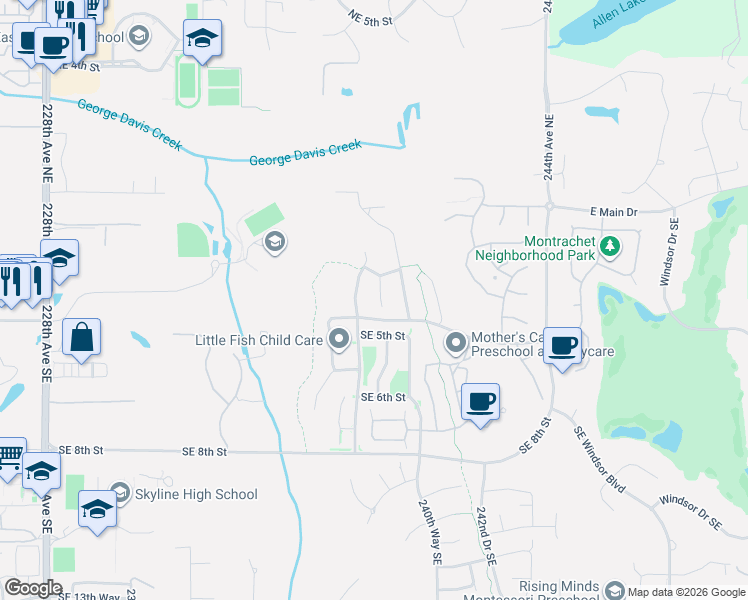 map of restaurants, bars, coffee shops, grocery stores, and more near 323 239th Court Southeast in Sammamish