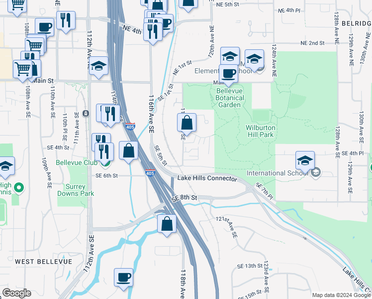 map of restaurants, bars, coffee shops, grocery stores, and more near 11801 Southeast 4th Place in Bellevue